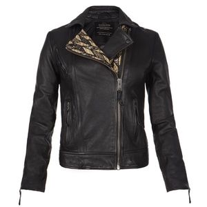 AllSaints Chiri Leather Black Zip Jacket Beige Stitching Design size 4 Small S
